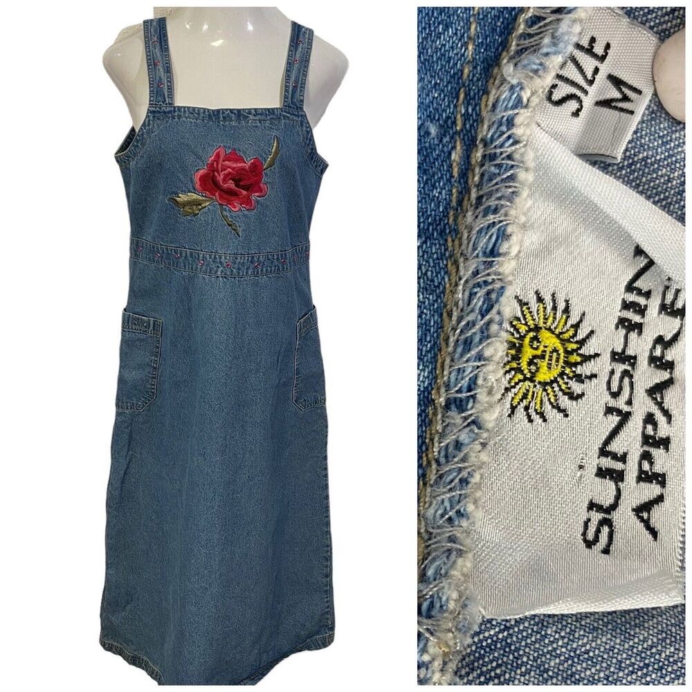 Sunshine Apparel Dress Womens Medium Y2K Denim Jumper Floral Embroidery Modest